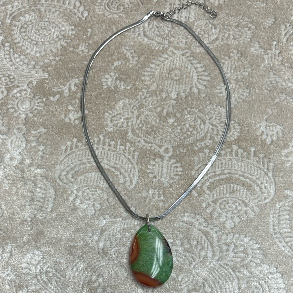 Vintage Silver Herringbone Pendant Necklace Green Jasper Natural Agate Gemstone